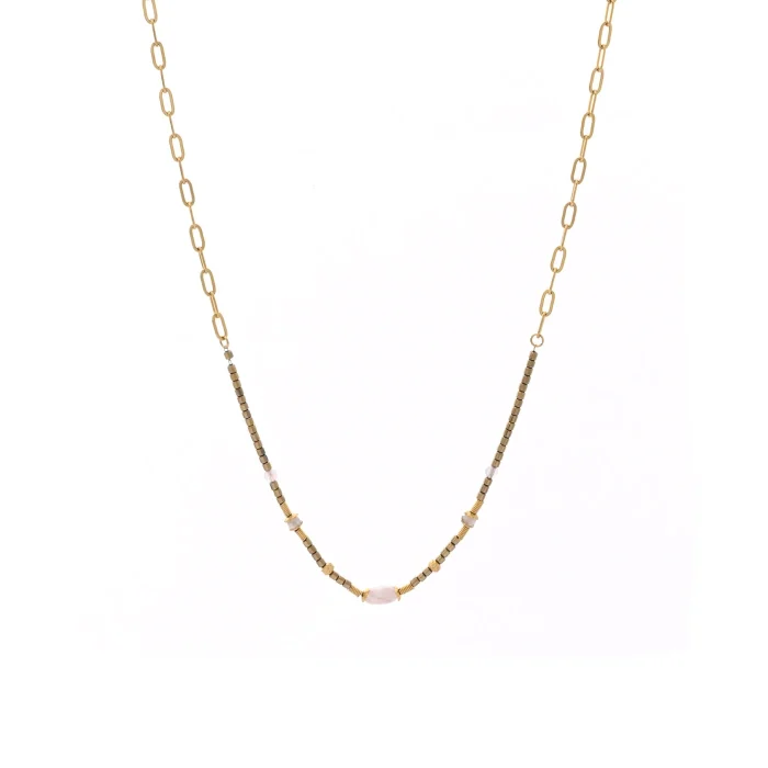 Colar em aço pedra natural redondo  (Cor: Rosa Claro) - Image 1